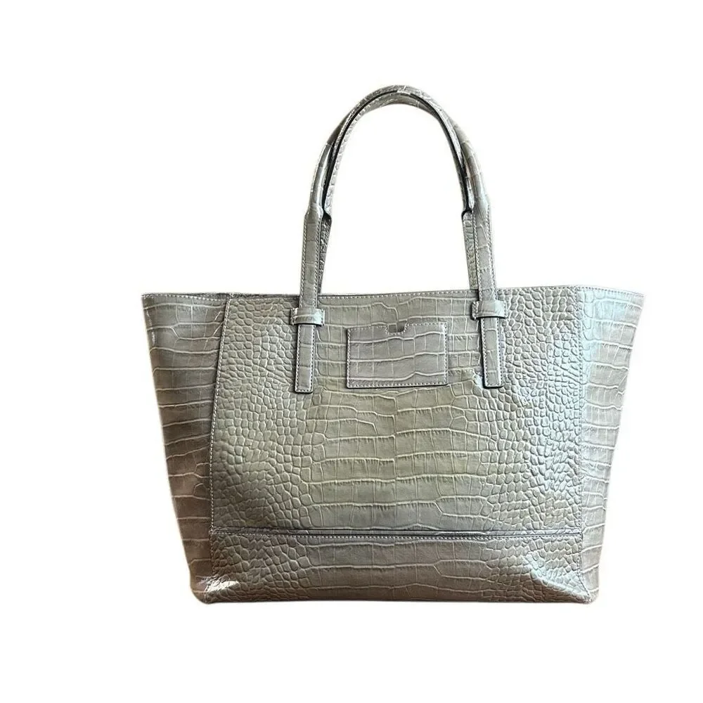 Kate Spade Large Croc Embossed Leather Tote Bag Beige Work Bag Preowned